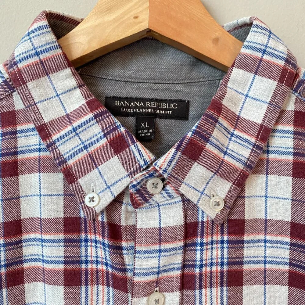 Banana Republic Men's XL Luxe Flannel Slim Plaid Long Sleeve Button Down Shirt - Picture 6 of 16